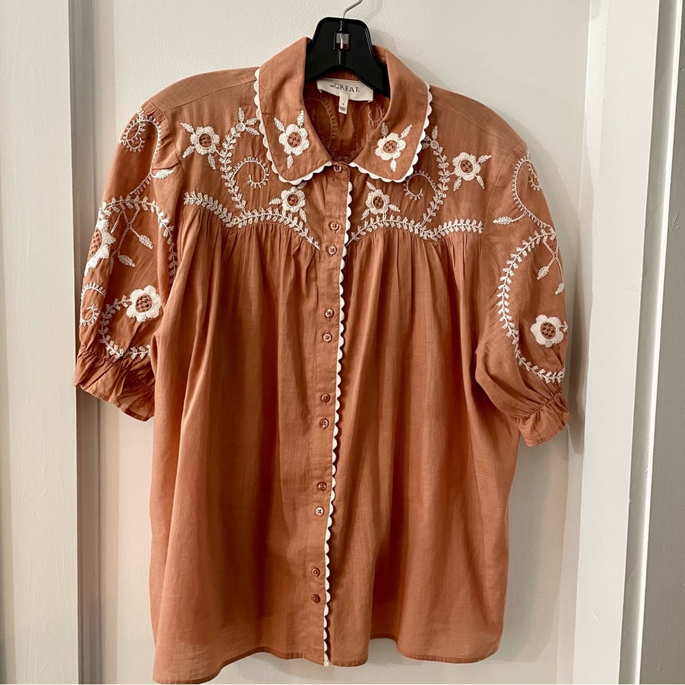 THE GREAT. Embroidered Rust Blouse